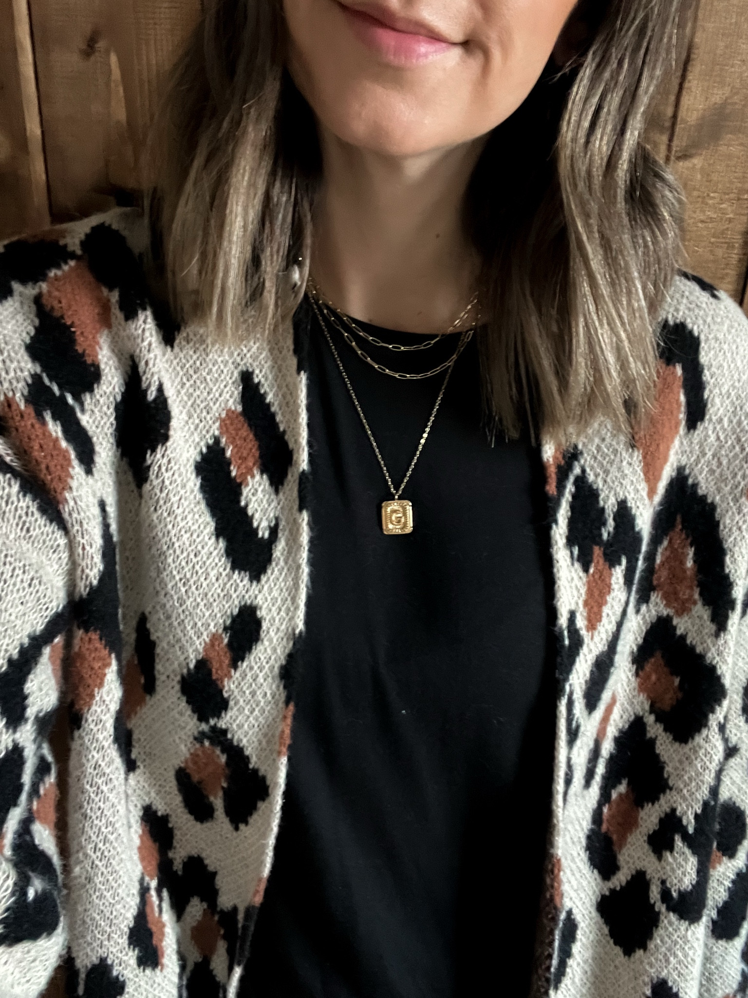 Leopard print duster cardigan sweater + layered necklaces