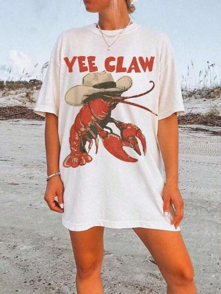 Tops2026Lobster Cowboy Shirt, Yee Claw Tee Funny Lobster Tshirt Western Beach Top Amalfi Coast Trip Tomato Girl Summer, Women's Oversized Casual Short-Sleeved Top, 100% Cotton All-Season Fashion Prints Loose T-Shirt, Ladies T-Shirt Gift For Friends And Family Holiday Parties, Vacation, Thanksgiving, Halloween, Valentine's Day Daily, Unisexgraphic Tees Women | SHEIN USAGE | SHEIN