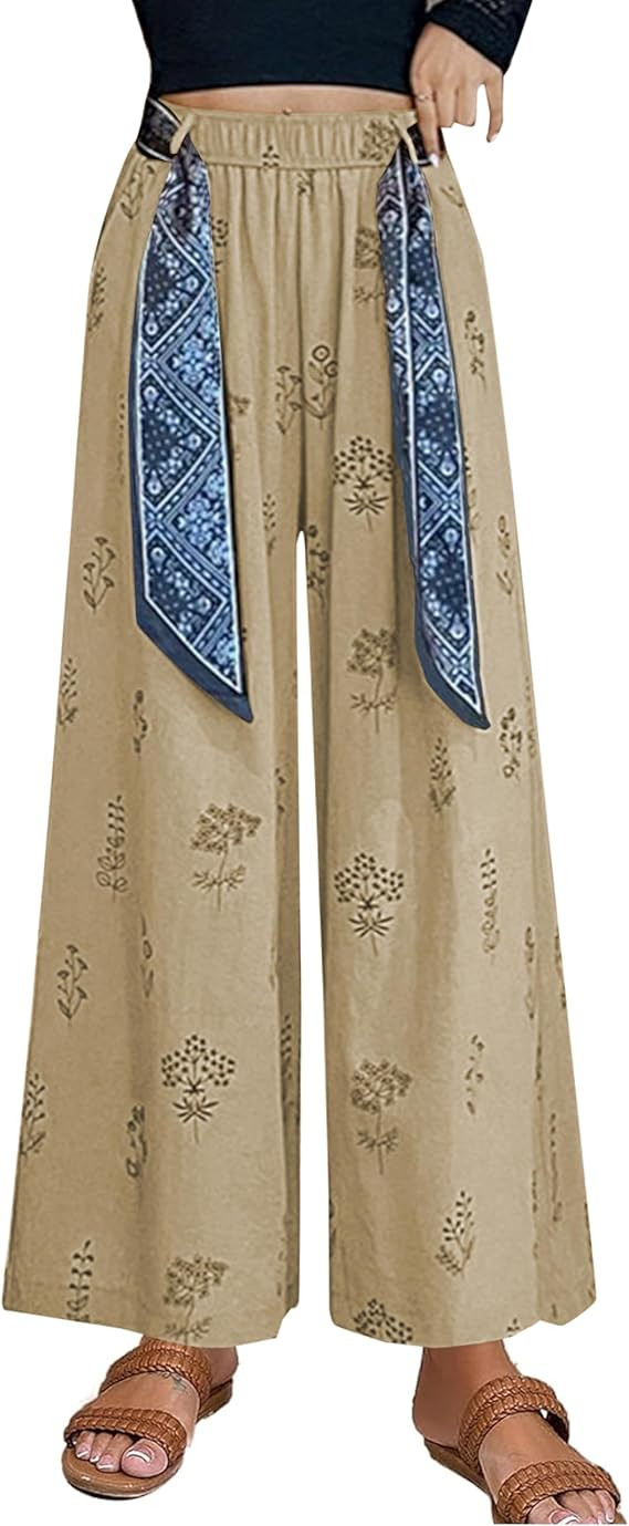 HangNiFang Floral Wide Leg Linen Pants for Women Yoga Boho Palazzo Silk Scarf Belt Pants with Poc... | Amazon (US)