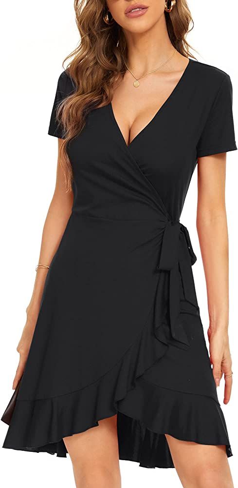 MSBASIC Womens Summer Dress Wrap V Neck Short Sleeve Ruffle Hem Flowy Midi Dress | Amazon (US)