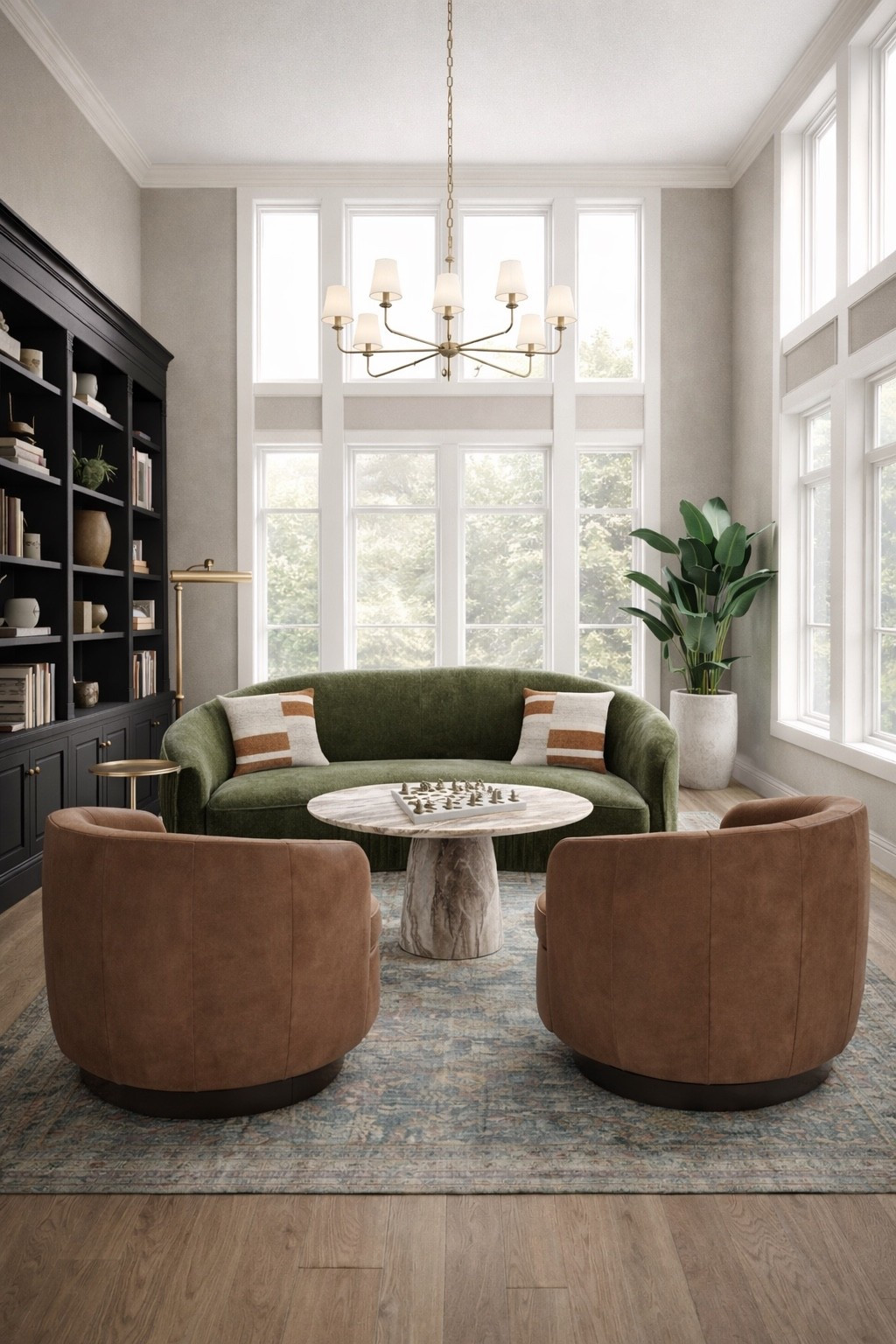 This library + game room is the very first space you see when you walk through the door… so we made it intentional. Two-story ceilings, dramatic Iron Ore built-ins, a curved velvet sofa, and warm leather swivel chairs that invite you to sit down and stay awhile.

It’s equal parts statement and soul.
Moody. Elevated. Conversational.

Design tip: When your entry room has height, anchor it with depth. Dark built-ins, rich textures, and a defined seating layout keep it from feeling cavernous — and turn it into a moment.

Not just a pass-through.
A pause. ♟️

#LMJInteriors #GameRoomDesign #LibraryStyle #StatementSpace #ModernOrganic

#LTKHome