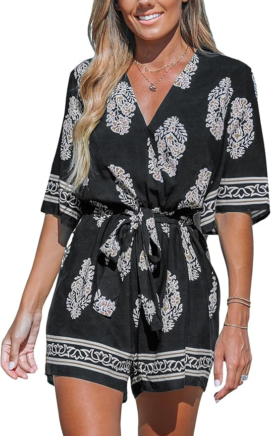 CUPSHE Rompers for Women Summer Casual V Neck Sleeveless Short Jumpsuit One Piece Outfit Beach Va... | Amazon (US)