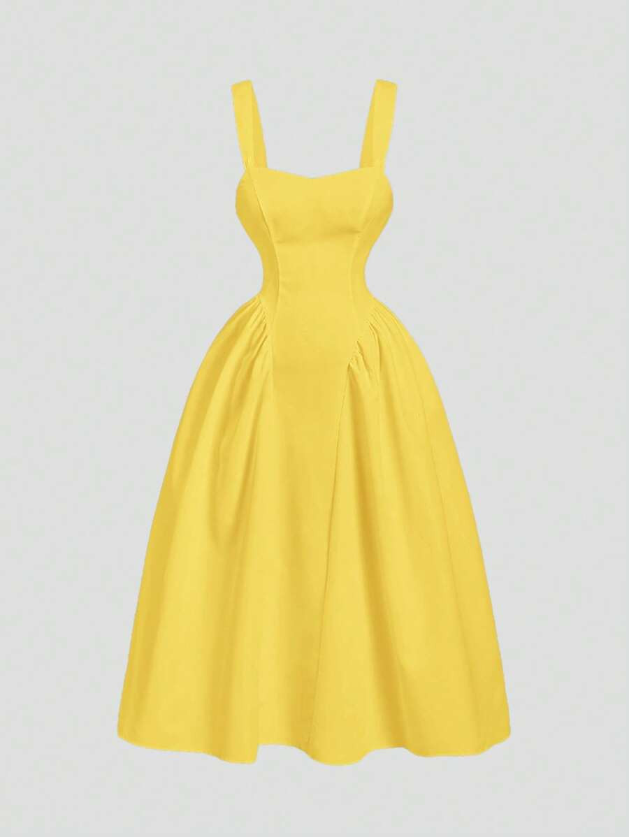 SHEIN MOD Plus Size Mustard Yellow Midi Dress: Sleeveless Woven Casual Dress With Straps And A Fl... | SHEIN