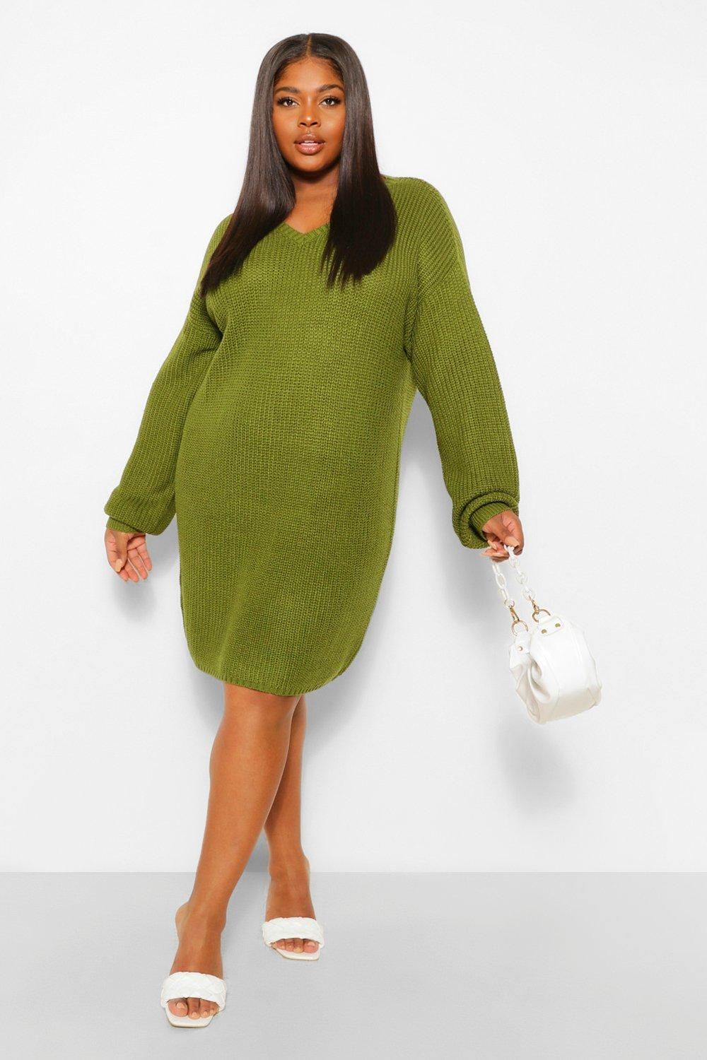 Womens Plus Rib V Neck Sweater Dress - Green - 12-14 | Boohoo.com (US & CA)