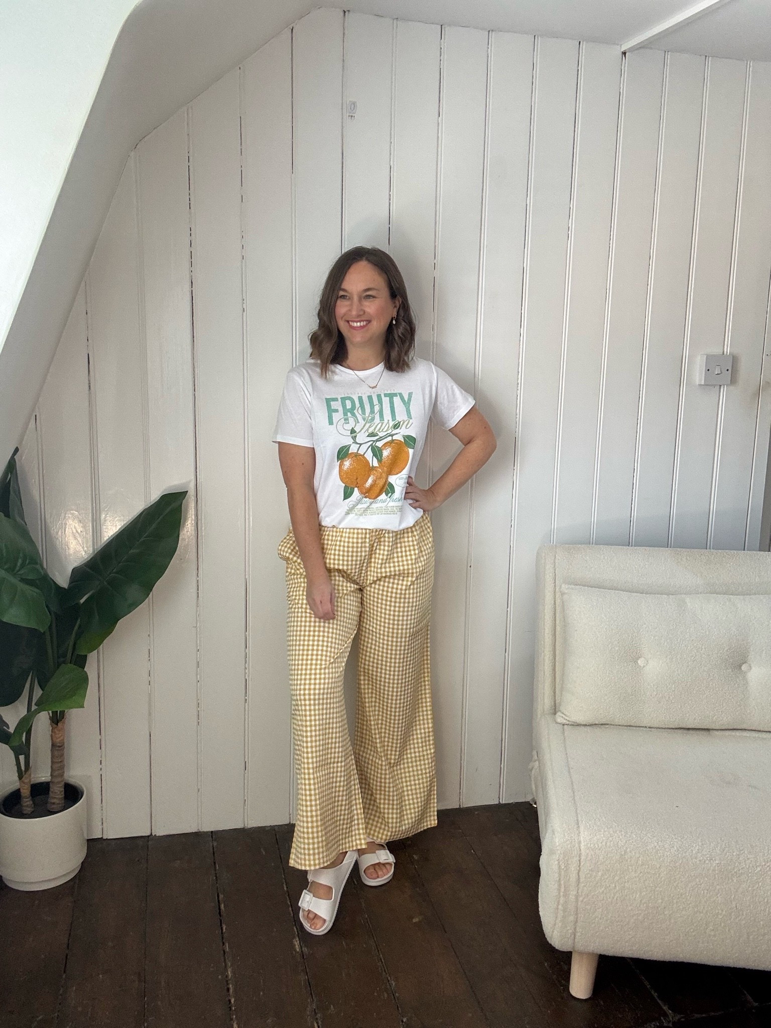 Petite spring summer outfit, yellow gingham drawstring trousers, slogan tee tshirt.

#LTKsummer #LTKpetite #LTKstyletip