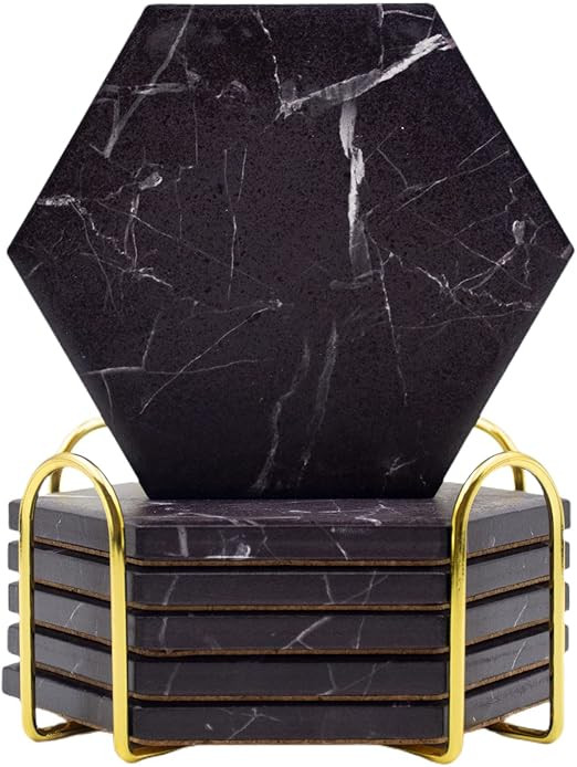 Warmroom Absorbent Drinks Coasters with Gold Holder and Cork Base Set of 6 Hexagon Black Marble S... | Amazon (US)