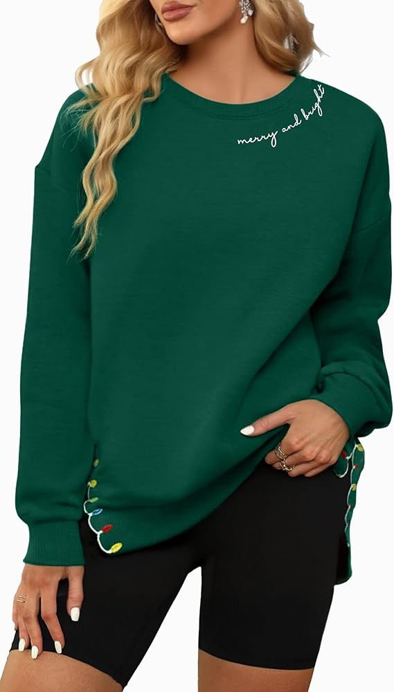 Christmas Sweatshirt Women Merry And Bright Shirts Embroidered Merry Christmas Long Sleeve Tops W... | Amazon (US)