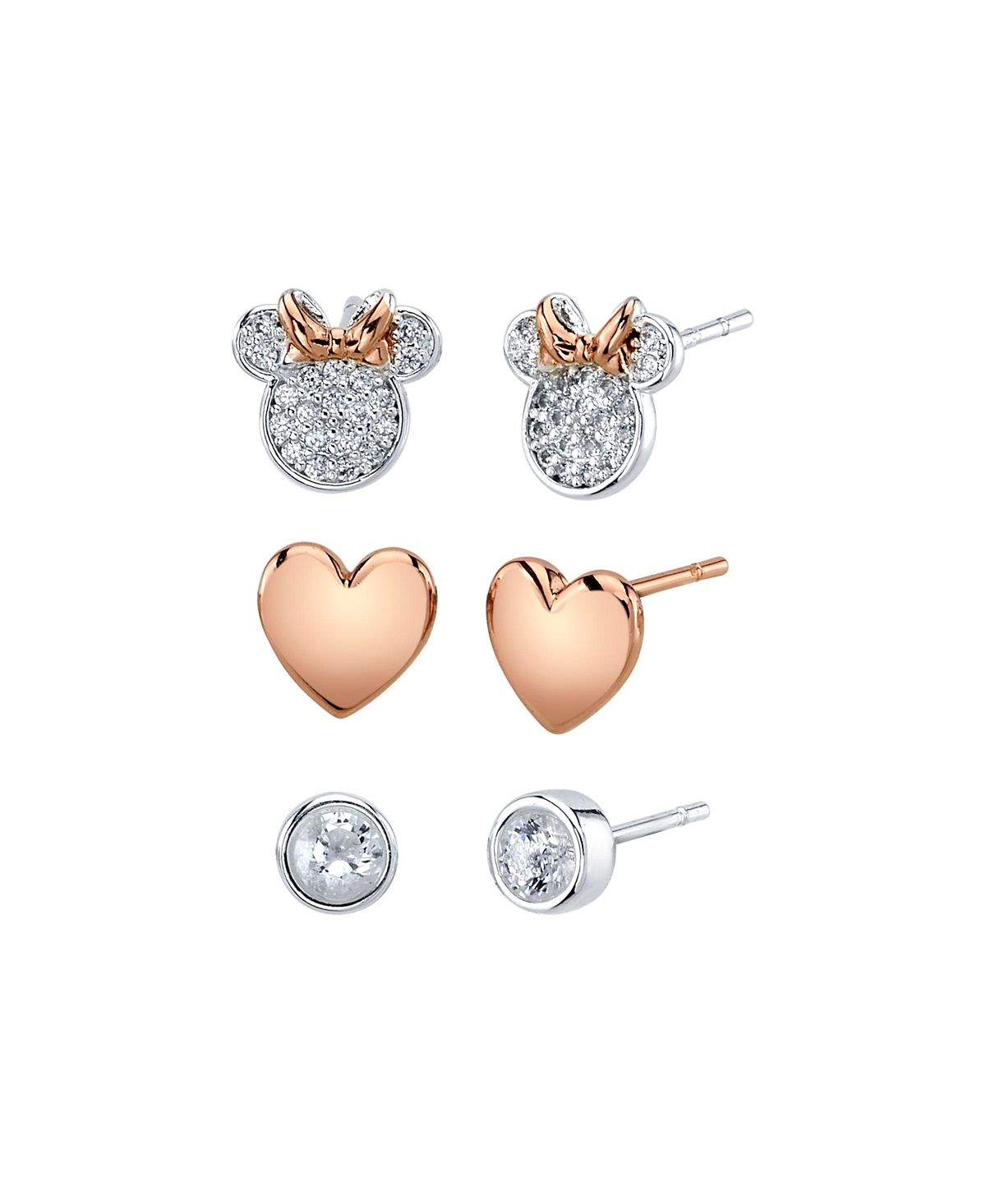 Three Pair Silver Plated Two Tone Rose Gold Minnie Mouse Earring Set with Rose Gold Heart and Bezel  | Macys (US)