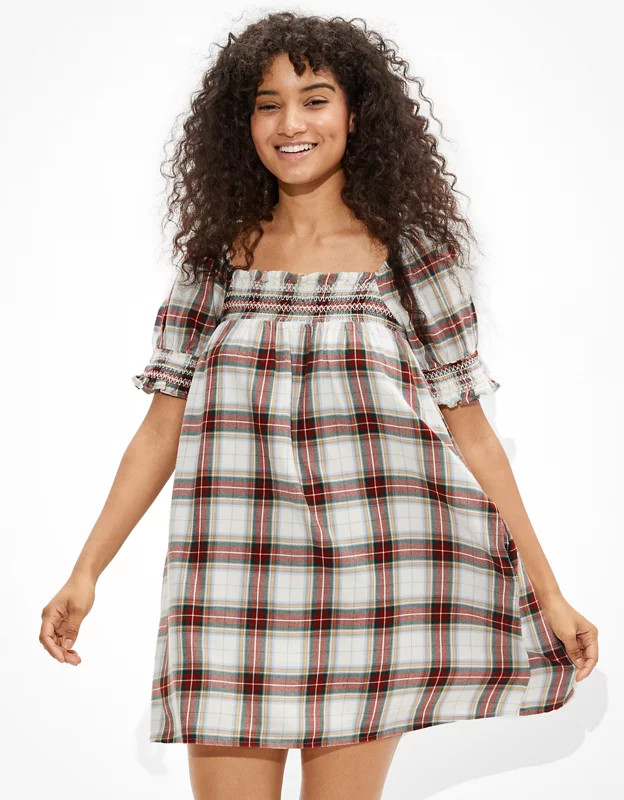 AE Plaid Smocked Puff-Sleeve Babydoll Dress | American Eagle Outfitters (US & CA)