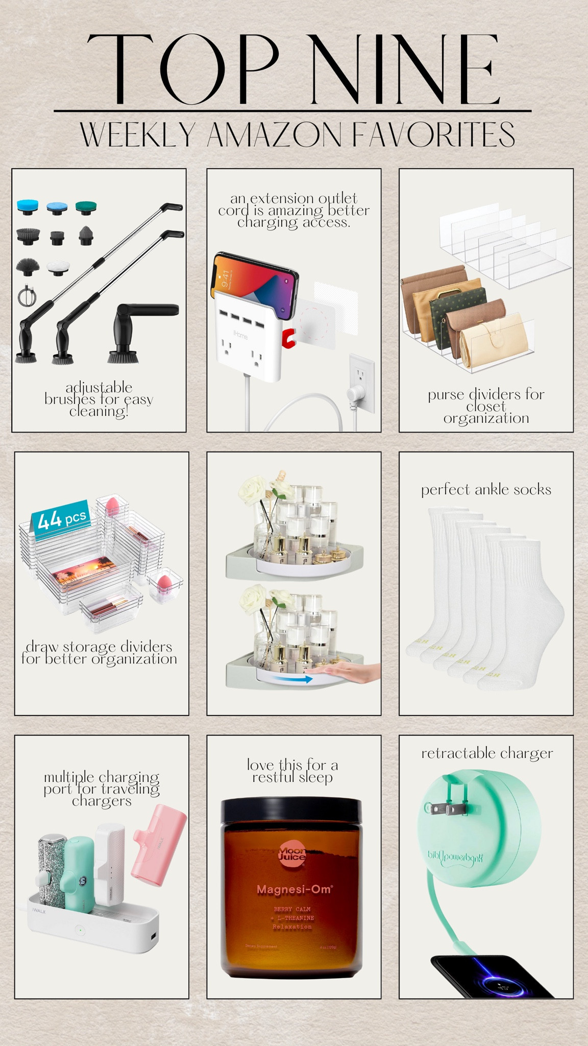 Top Nine | Amazon Favorites 
cleaning brush 
Chargers 
Home finds 


#LTKfindsunder100 #LTKSeasonal #LTKhome