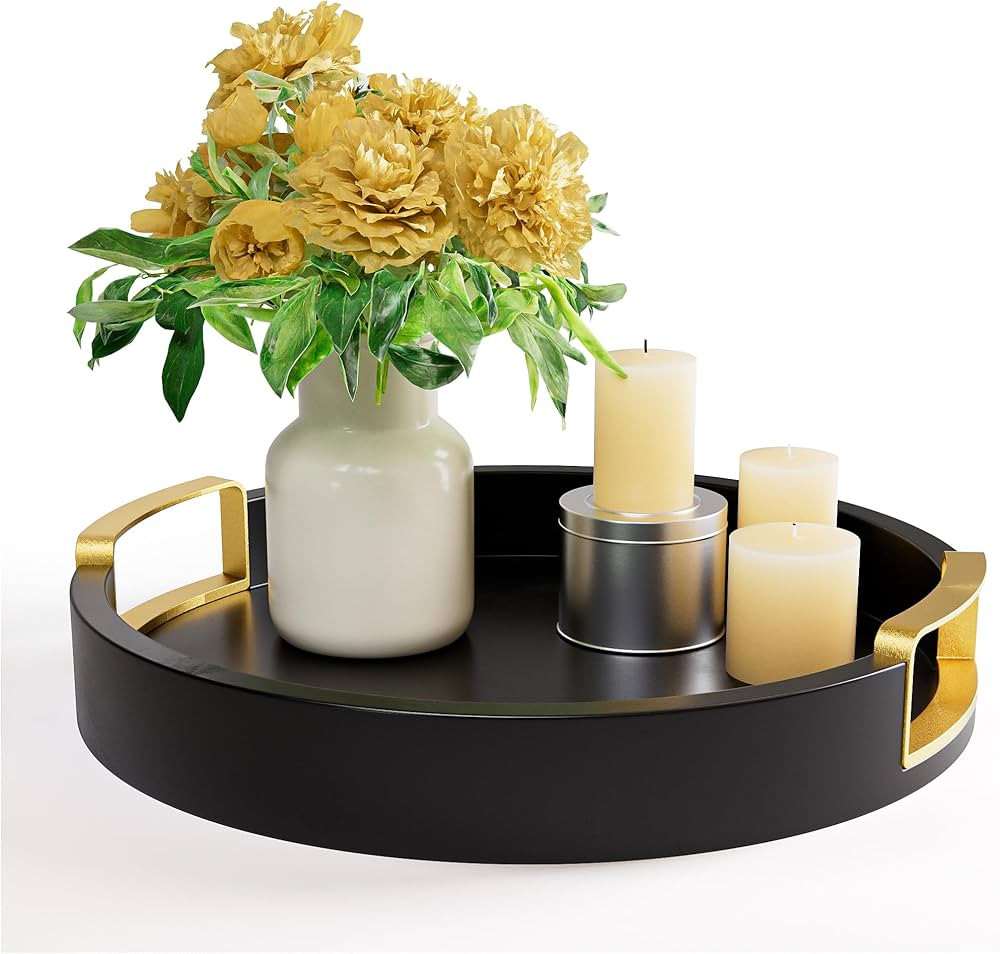 Round Decorative Tray - 12" Round Black Tray with Gold Handles - Round Coffee Table Tray - Black ... | Amazon (US)