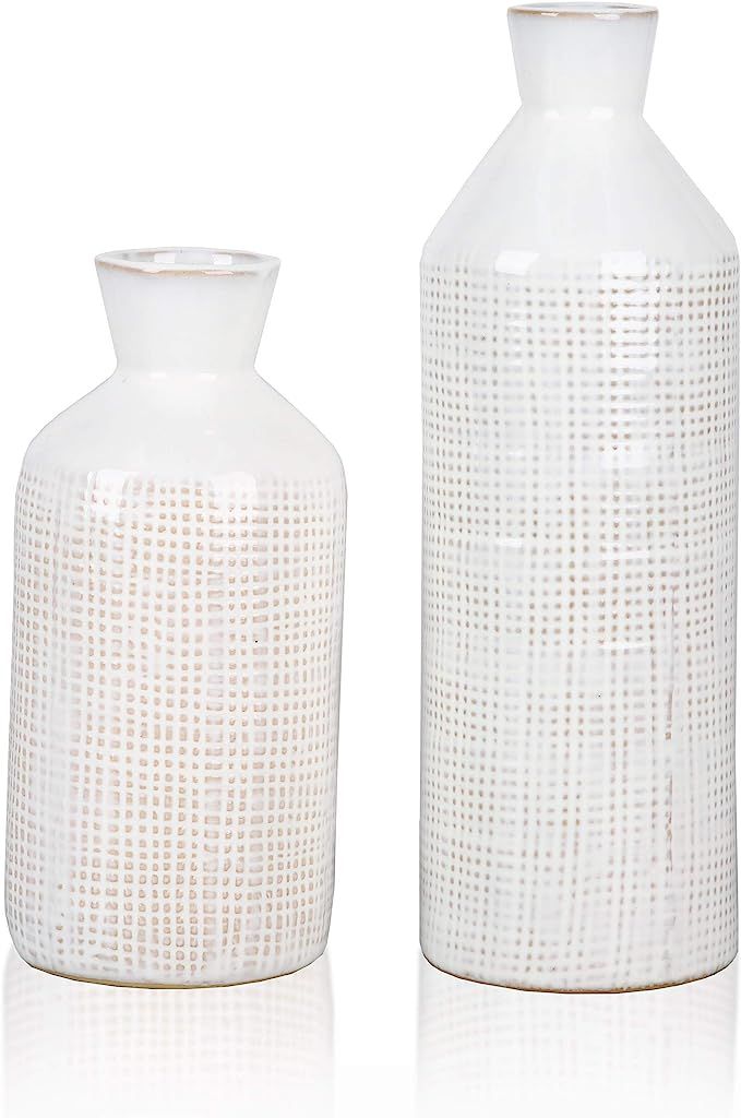 TERESA'S COLLECTIONS White Rustic Ceramic Vases Set of 2, Decorative Textured Column Vase for Hom... | Amazon (UK)