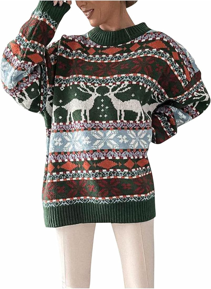 Womens Christmas Fleece Sweater Reindeer Snowflake Round Neck Long Sleeve Jumper Fun and Cute Sweate | Amazon (US)
