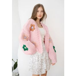 Stitch Flowers Hand-Knit Chunky Cardigan in Pink | Chicwish