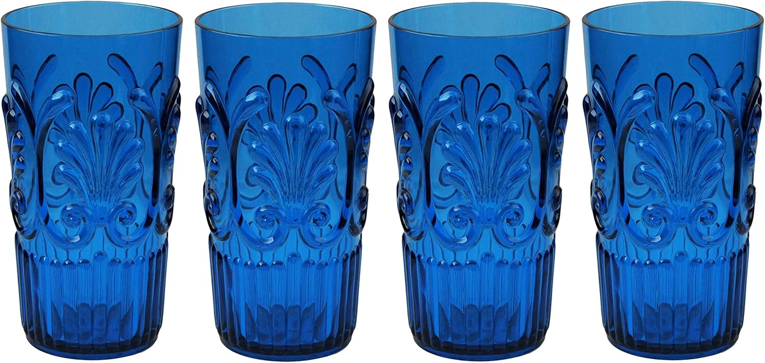 Le Cadeaux Break Resistant Polycarbonate Fleur Glasses, Blue, Set of 4, (20 ounce Tumblers) | Amazon (US)