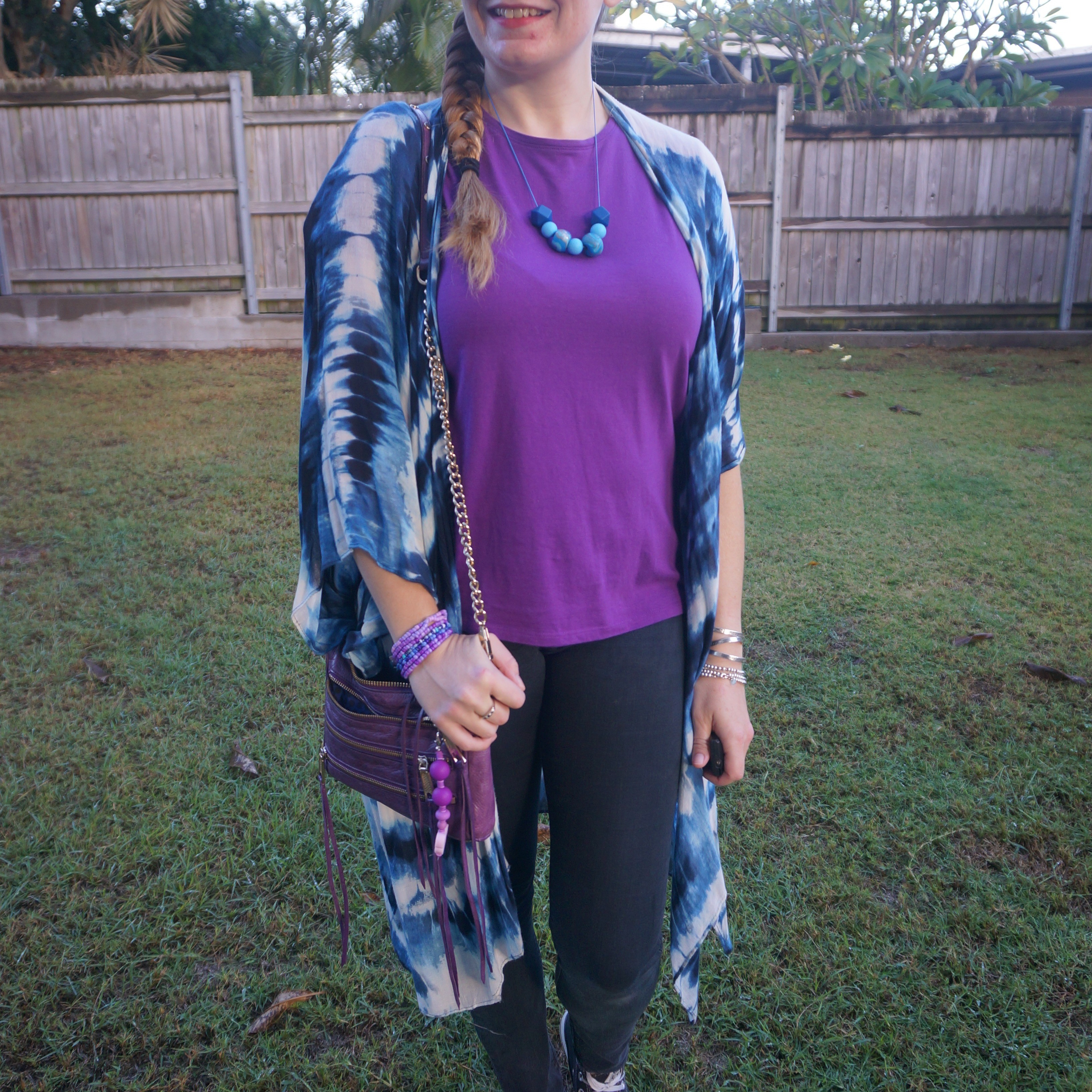 Navy tie dye cover up over purple tee and black skinny jeans with purple Rebecca Minkoff mini 5-zip bag 💜

#LTKaustralia #LTKautumn #LTKbag