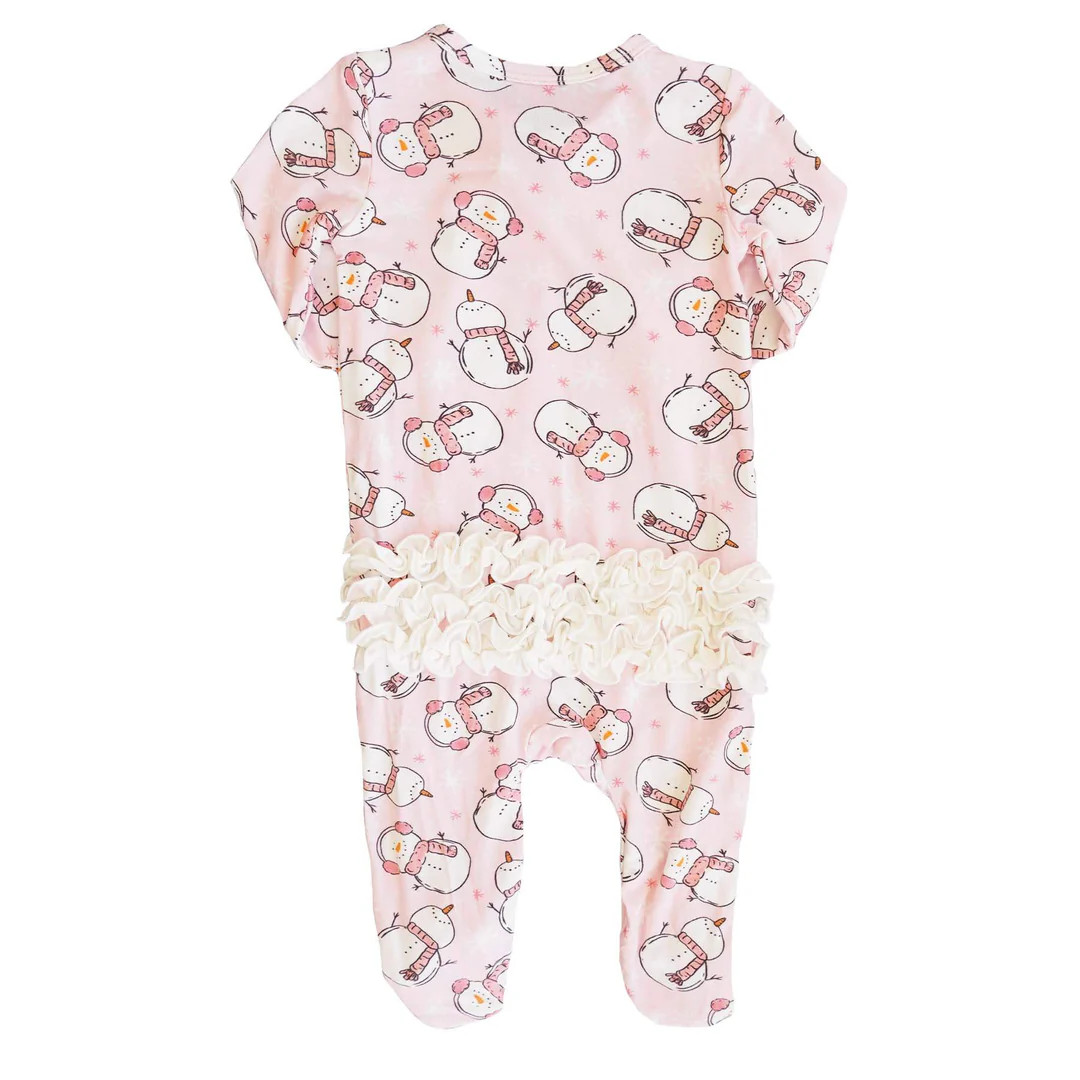 Frosty Friends Ruffle Zipper Footie | Pink | Caden Lane