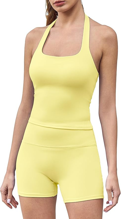 QINSEN 2 Piece Workout Sets for Women Halter Neck Backless Tank Top High Waisted Tummy Control Sh... | Amazon (US)