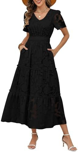 Caracilia Womens 2026 Spring Wedding Guest Maxi Dress Summer Boho Floral Short Sleeve V Neck Beac... | Amazon (US)