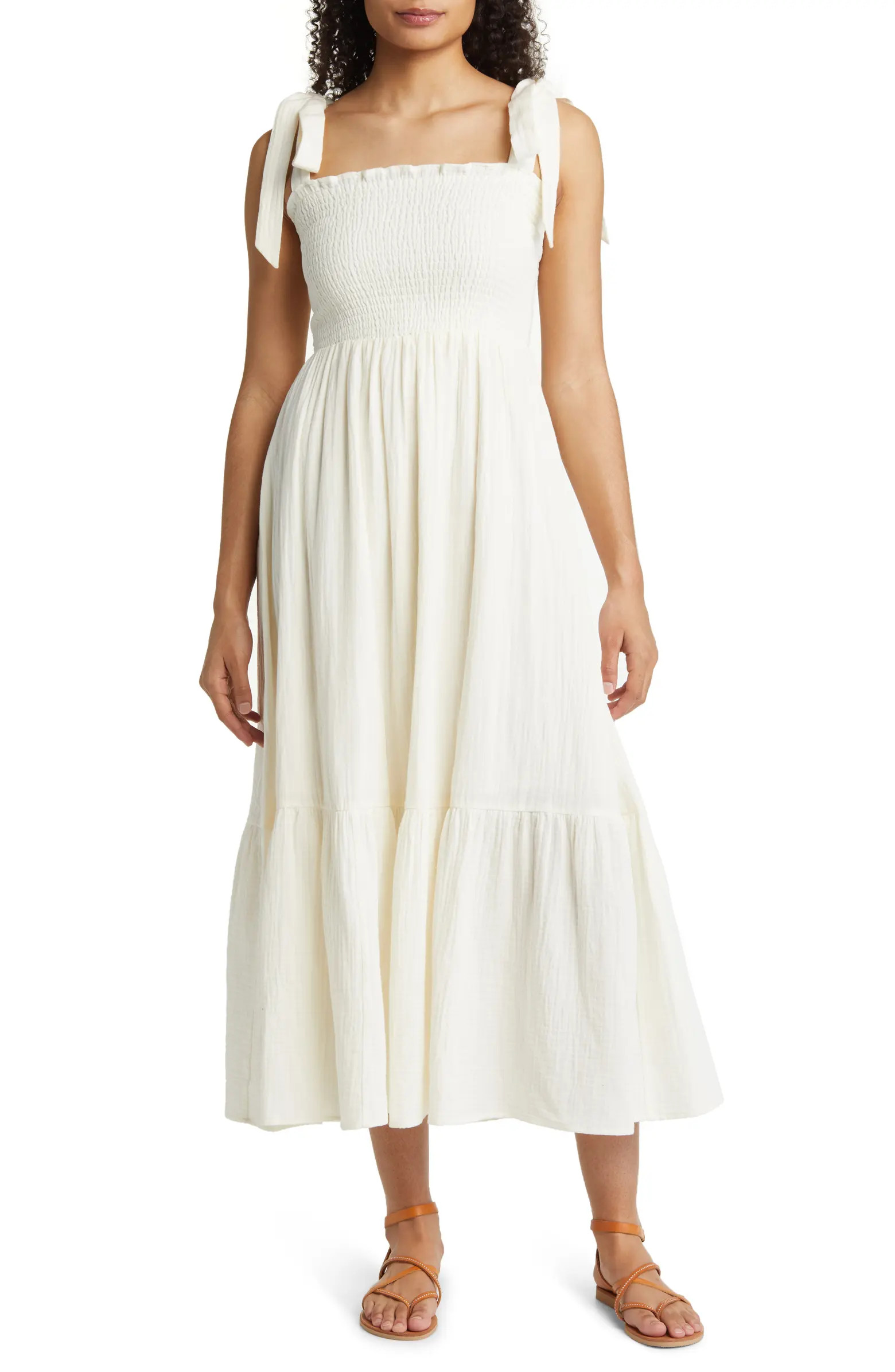 Smocked Tie Strap Cotton Gauze Midi Sundress | Nordstrom