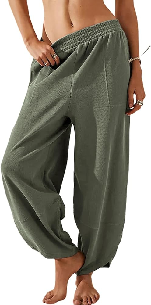 Womens Baggy Wide Leg Pants Summer Linen Pants Casual Elastic Waist Palazzo Harem Pants with Pock... | Amazon (US)