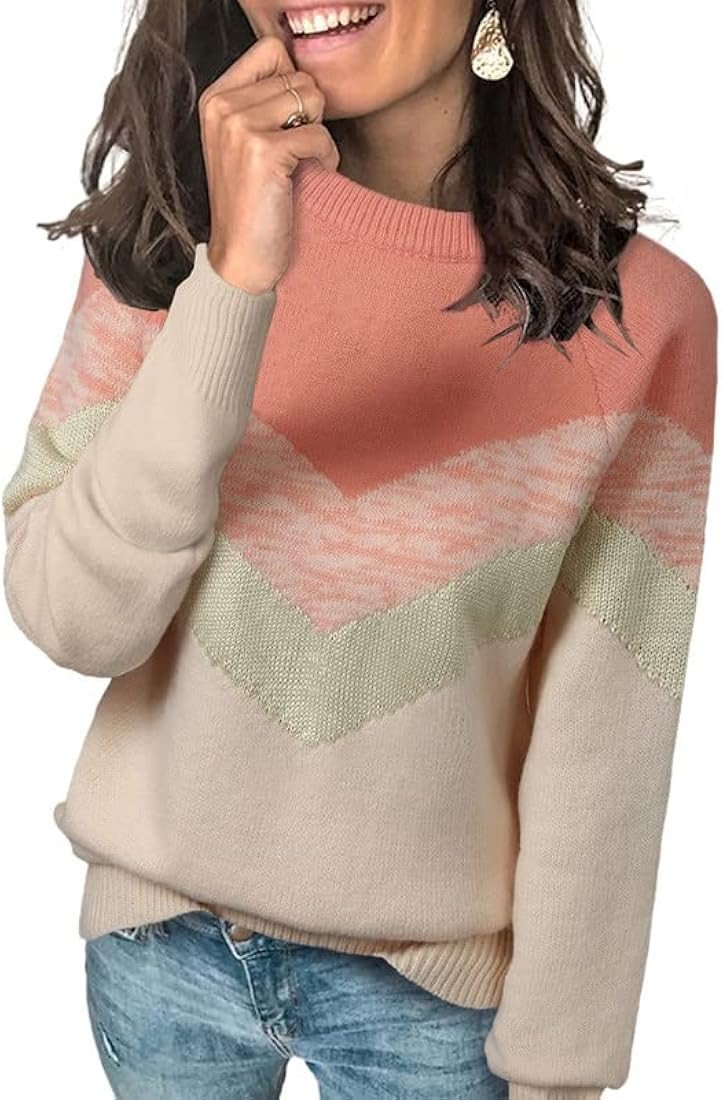 Dokotoo Womens Color Block Sweaters Long Sleeve Crewneck Pullover Knit Jumper Tops | Amazon (US)