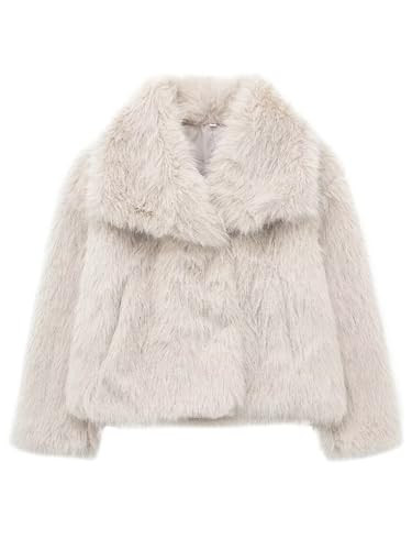 Women Faux Fur Coat Long Sleeve Lapel Collar Warm Winter Coat Outwear Streetwear (White, XS) | Amazon (US)