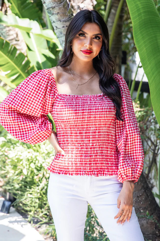 Best All Around Red Smocked Gingham Blouse | Pink Lily