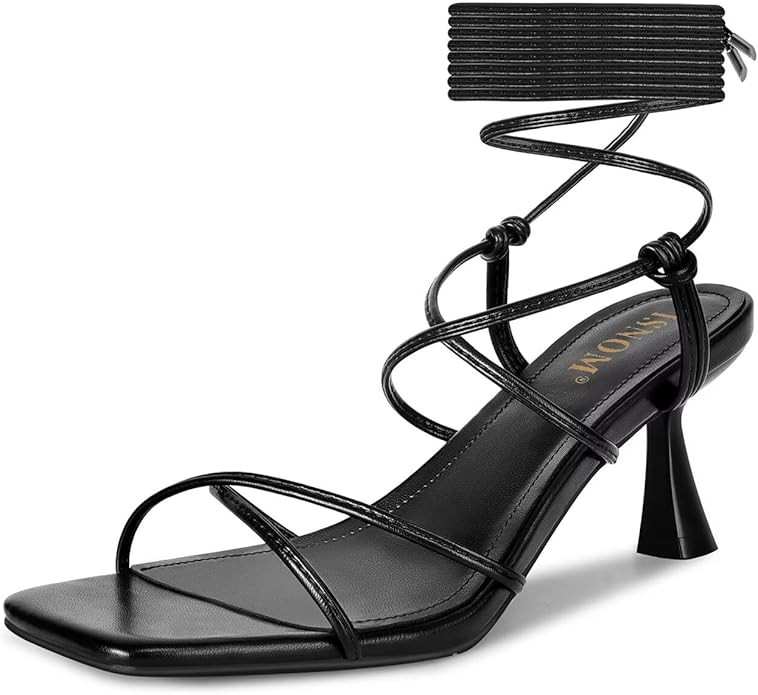 ISNOM Strappy Sandals for Women Kitten Heels Lace Up Heels Stiletto Heels Wrap Around Heels with ... | Amazon (US)