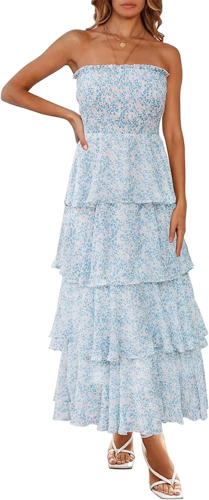 YORGOS Women's Summer Strapless Floral Ruffles Tiered Maxi Dress Smocked Boho Chiffon Long Dress | Amazon (US)