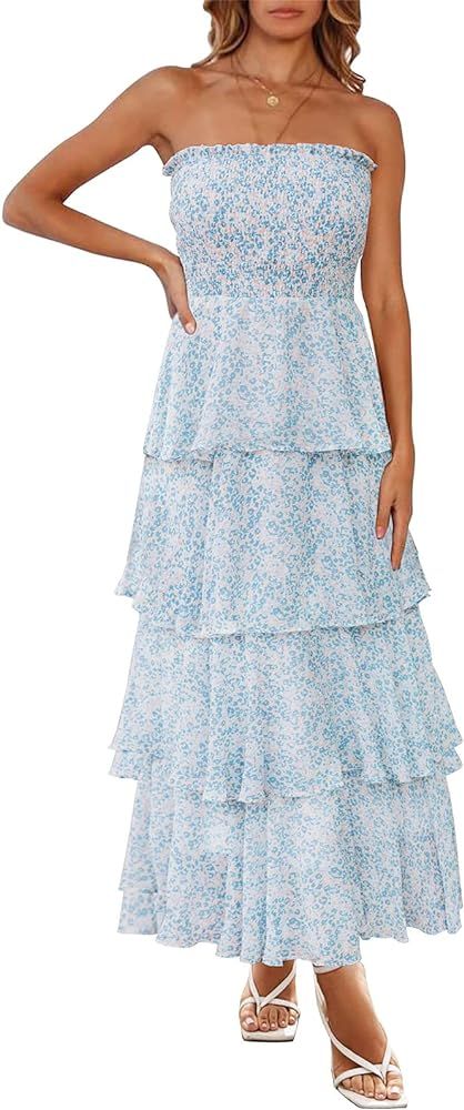 YORGOS Women's Summer Strapless Floral Ruffles Tiered Maxi Dress Smocked Boho Chiffon Long Dress | Amazon (US)