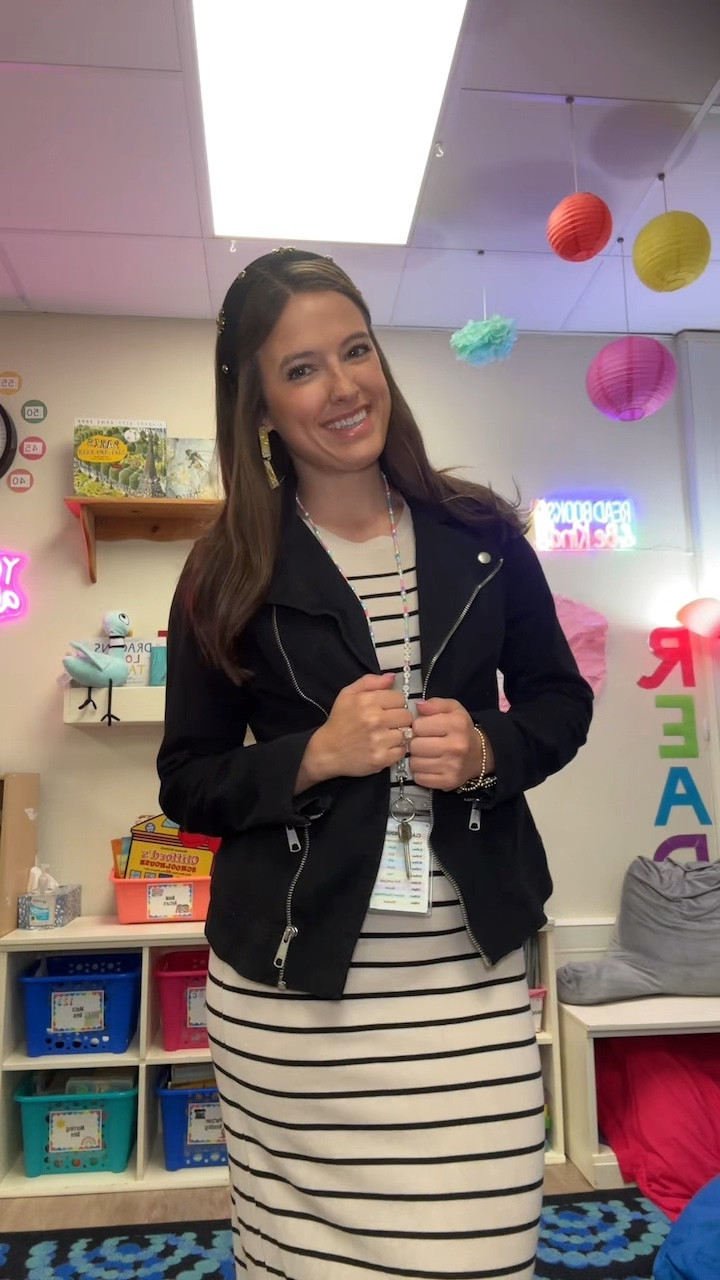 One of the comfiest teacher dresses! Wearing size S 🖤 jacket is an old find and no longer sold from old navy! 

#LTKPetite #LTKStyleTip #LTKFindsUnder50