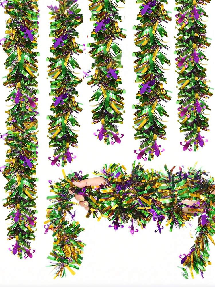 1/2/4packs Mardi Gras Tinsel Garland,Glitter Tinsel Garland For Mardi Gras Tree Decorations, Purple Green Gold Metallic Fluffy Hanging Party Ornaments For Mantle/Ceiling/Stairs/Porch Outdoor Decor,Carnival Party,Carnival Parade,Fat Tuesday Mardi Gras Decorations,Party Supplies | SHEIN