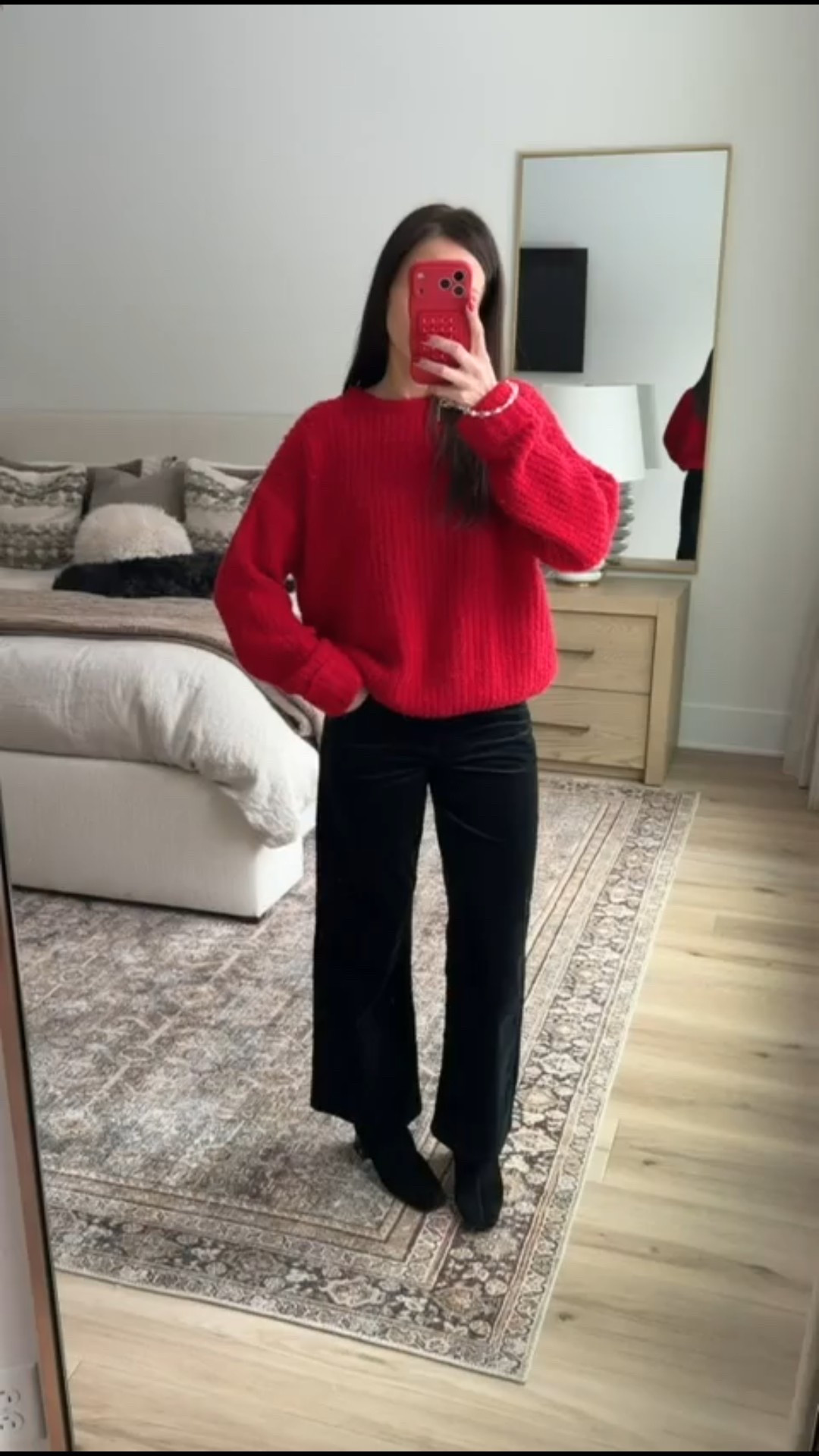 Holiday red sweater, festive outfit, warm sweater, cozy chic look, black velvet trousers, annabrstyle

#LTKOver40 #LTKootd #LTKSeasonal