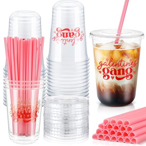 FoldTier 24 Sets Galentines Gang Cups with Lids and Pink Straws 16oz Glantine's Day Disposable Clear Plastic Cups Girl Gang Valentines Day Decorations for Cold Beverage Drinking | Amazon (US)