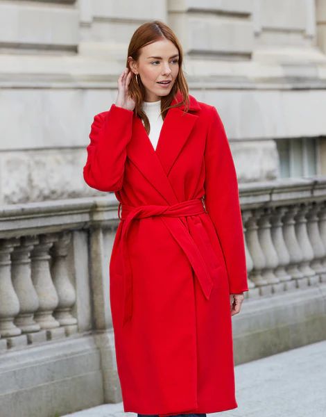 Women's Red Collared Belted Formal Coat | Threadbare