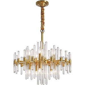 NOXARTE Brass Crystal Chandelier Modern Gold Lighting Fixture Clear Glass Rod Pendant Light for D... | Amazon (US)