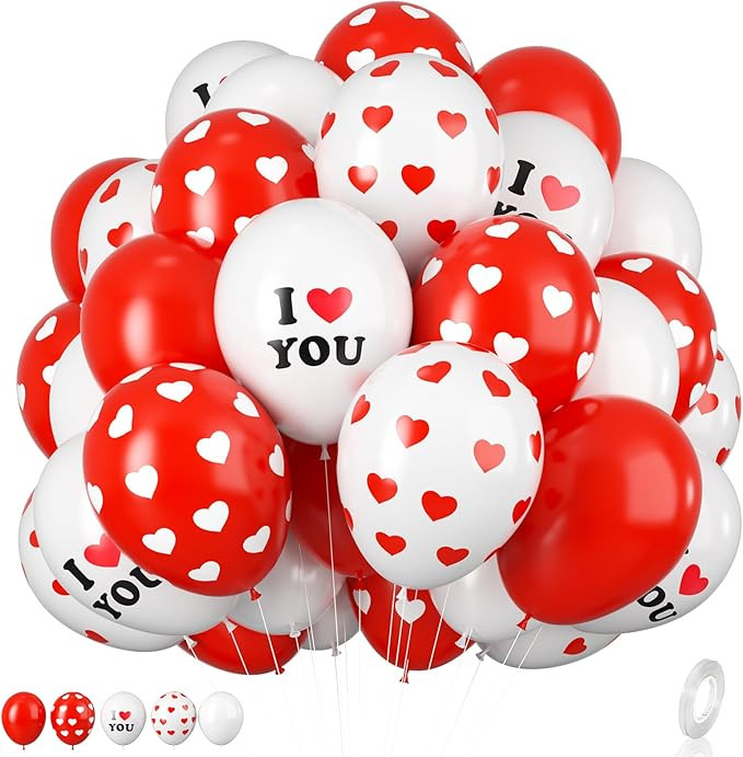 Valentines Day Balloons, 12 Inch Red White Balloons Heart Balloon I Love You Printed Romantic Val... | Amazon (US)