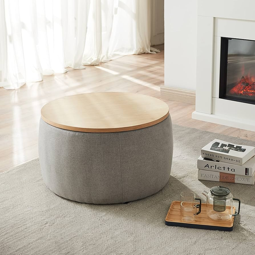 Kakotito Modern Round Storage Ottoman with Wooden Lid,Circle Ottoman Handmade Coffee End Table & ... | Amazon (US)