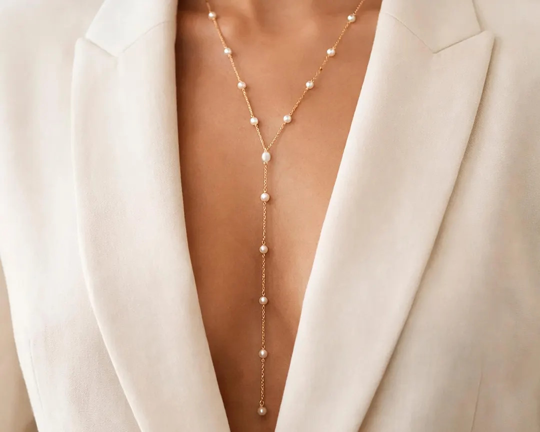 18k Gold Plated Sterling Silver Pearl Lariat Necklace, Minimalist Drop Chain Jewelry | Etsy (US)
