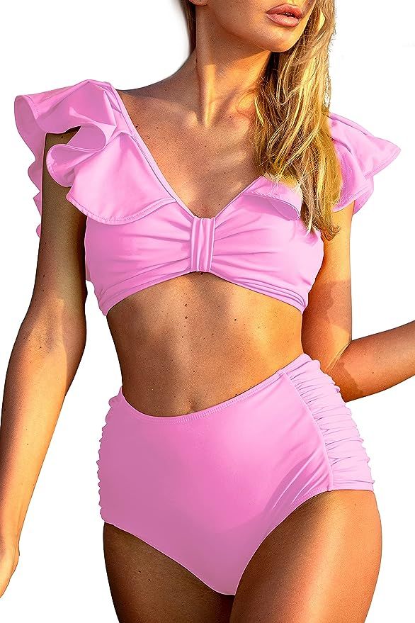 Peddney Two Piece Ruffled Bathing Suits High Waisted Tummy Control Swimsuits V Neck Bikini Sets f... | Amazon (US)