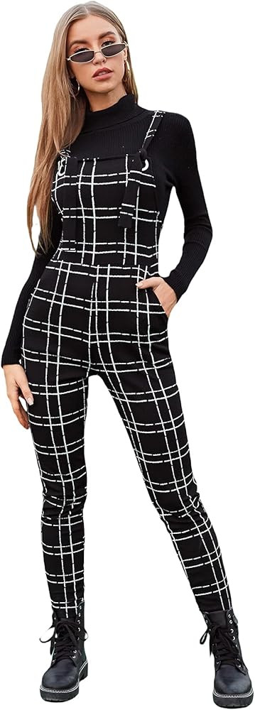 WDIRARA Women's Plaid Overall Straps High Waist Pinafore Casual Jumpsuit with Pocket | Amazon (US)