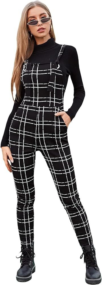 WDIRARA Women's Plaid Overall Straps High Waist Pinafore Casual Jumpsuit with Pocket | Amazon (US)