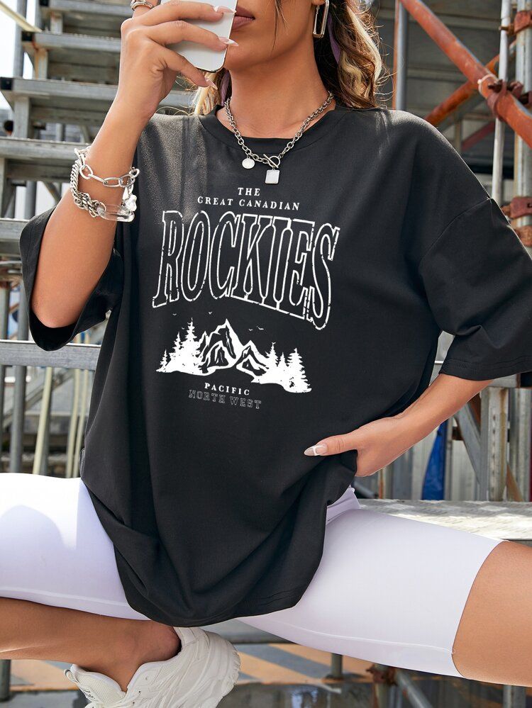 Mountain And Letter Graphic Drop Shoulder Tee | SHEIN