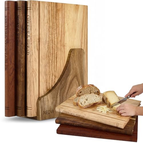 NEDVI Book Cutting Board Set with Wooden Stand-Wooden Kitchen Cutting Boards That Look Like Books for Cheese Meat Vegetables, Chopping Board Gift Set for Home Cooks & Kitchen Decor | Amazon (US)