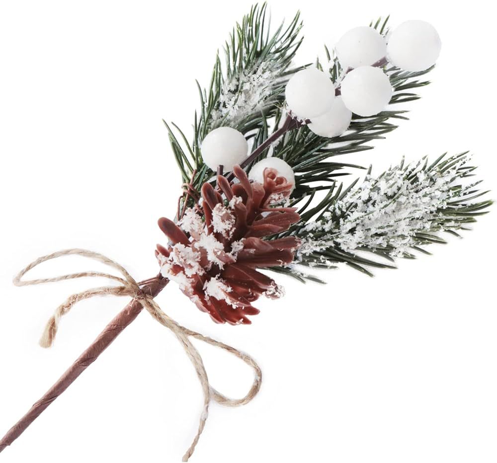 10PCS Artificial Christmas Picks White Berry Stems Faux Frosted Pine Branches Holly Spray with Bo... | Amazon (US)