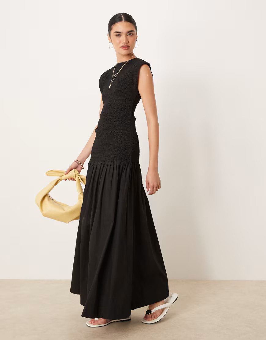 ASOS DESIGN shirred poplin maxi dress with dropped waist in black | ASOS (Global)