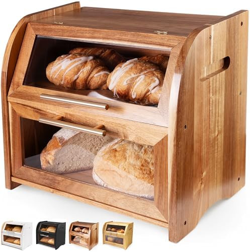 Arise Stylish Acacia Bread Box for Kitchen Countertop, Extra Large 2-Shelf Wooden Bread Storage C... | Amazon (US)