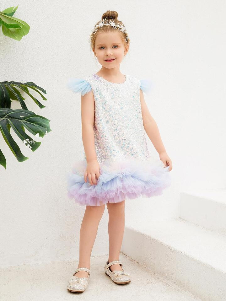 Young Girls Sequin Insert Contrast Mesh Ruffle Trim Dress | SHEIN