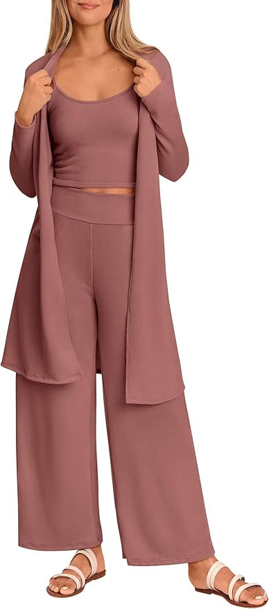 PRETTYGARDEN Women's Spring 3 Piece Pajamas Lounge Sets Fall Ribbed Knit Long Cardigan Cropped Ta... | Amazon (US)